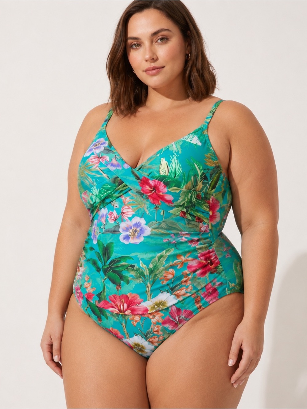 Jantzen Tropical Floral Green One Piece Ruched Full Bottom Surpice Swimsuit NEW